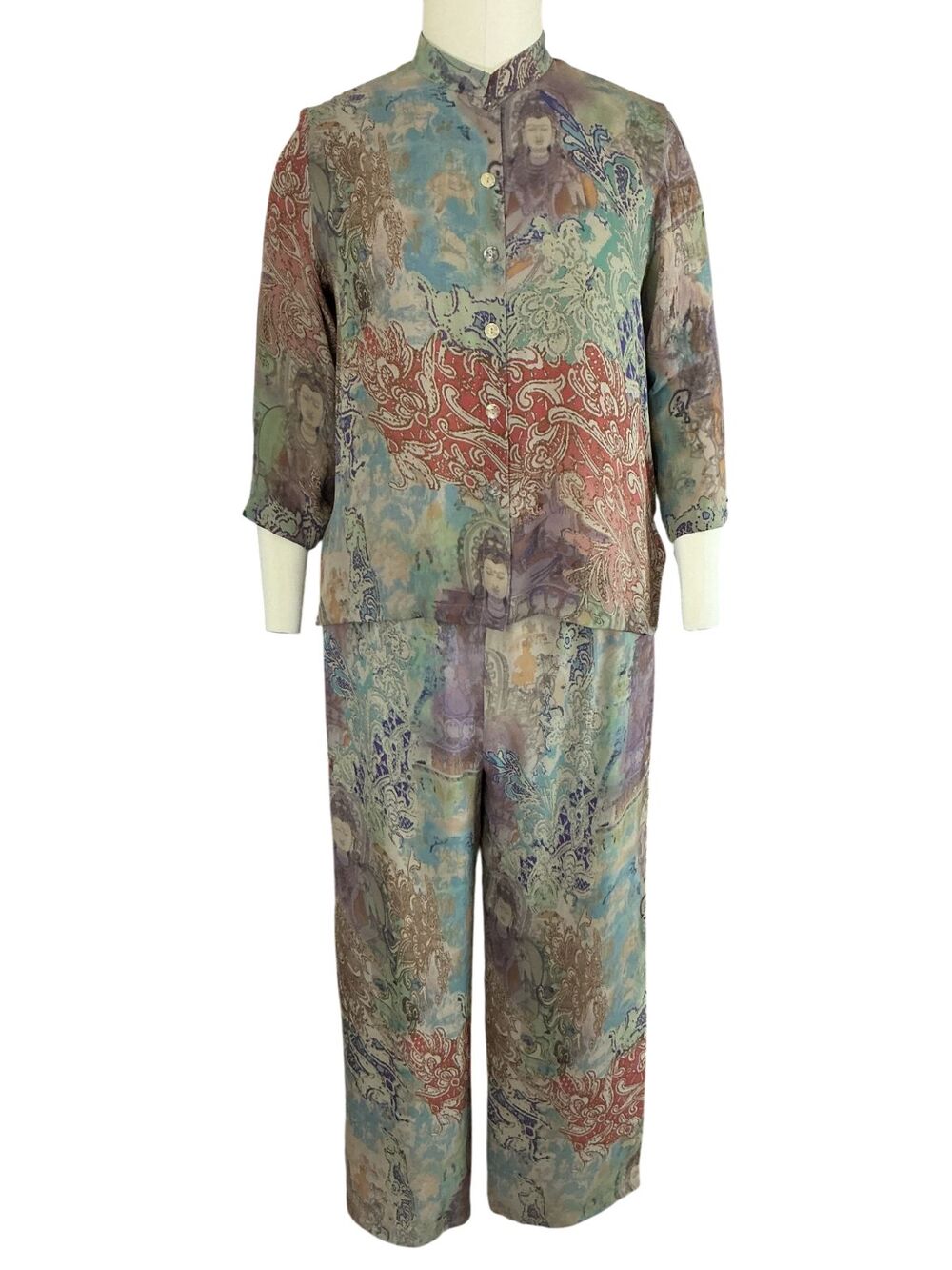 VTG Citron Santa Monica 100% Silk 2pc Set Pant Suit Guanyin Buddha Asian Art XL